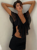 Chaxiaoa Ruffled Sexy Two Piece Set Women V Neck Sleeveless Tank Top Mini Skirt Matching Sets Female Club Party Dress Sets