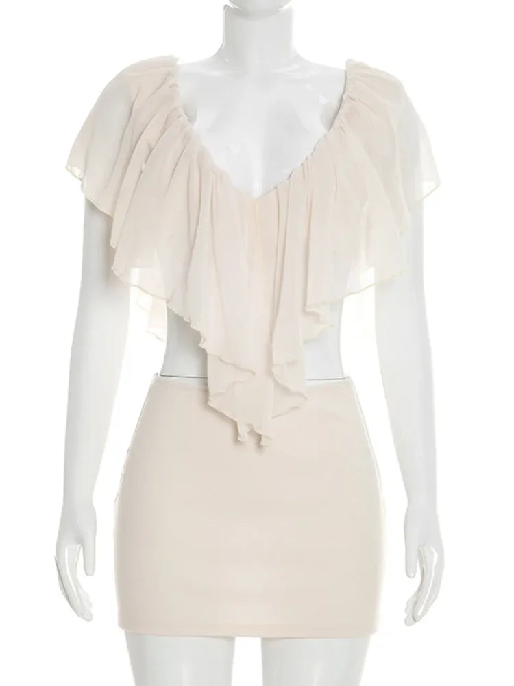 Chaxiaoa Ruffled Sexy Two Piece Set Women V Neck Sleeveless Tank Top Mini Skirt Matching Sets Female Club Party Dress Sets